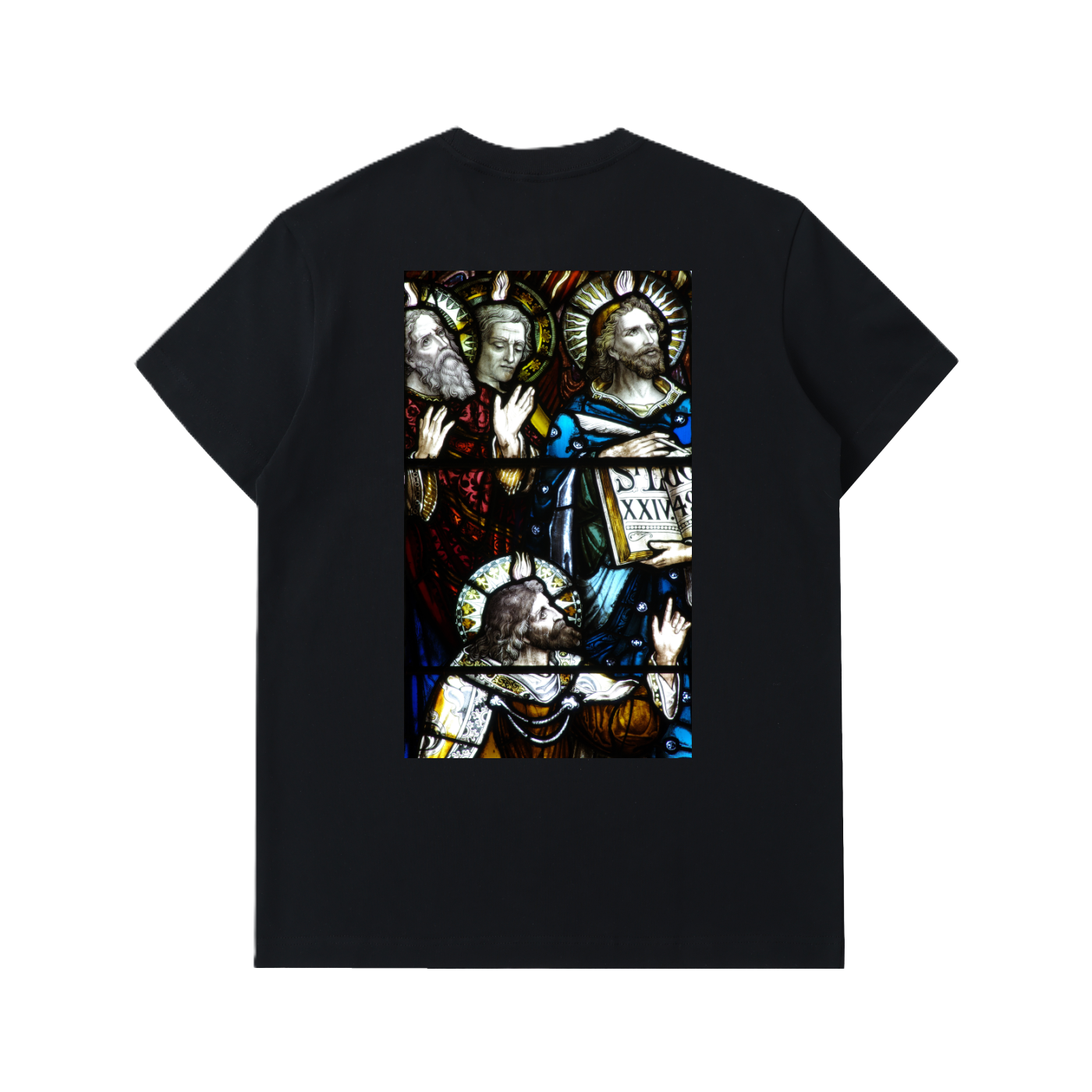 Black regular heavy thick t-shirt with representation of the Apostles on the back