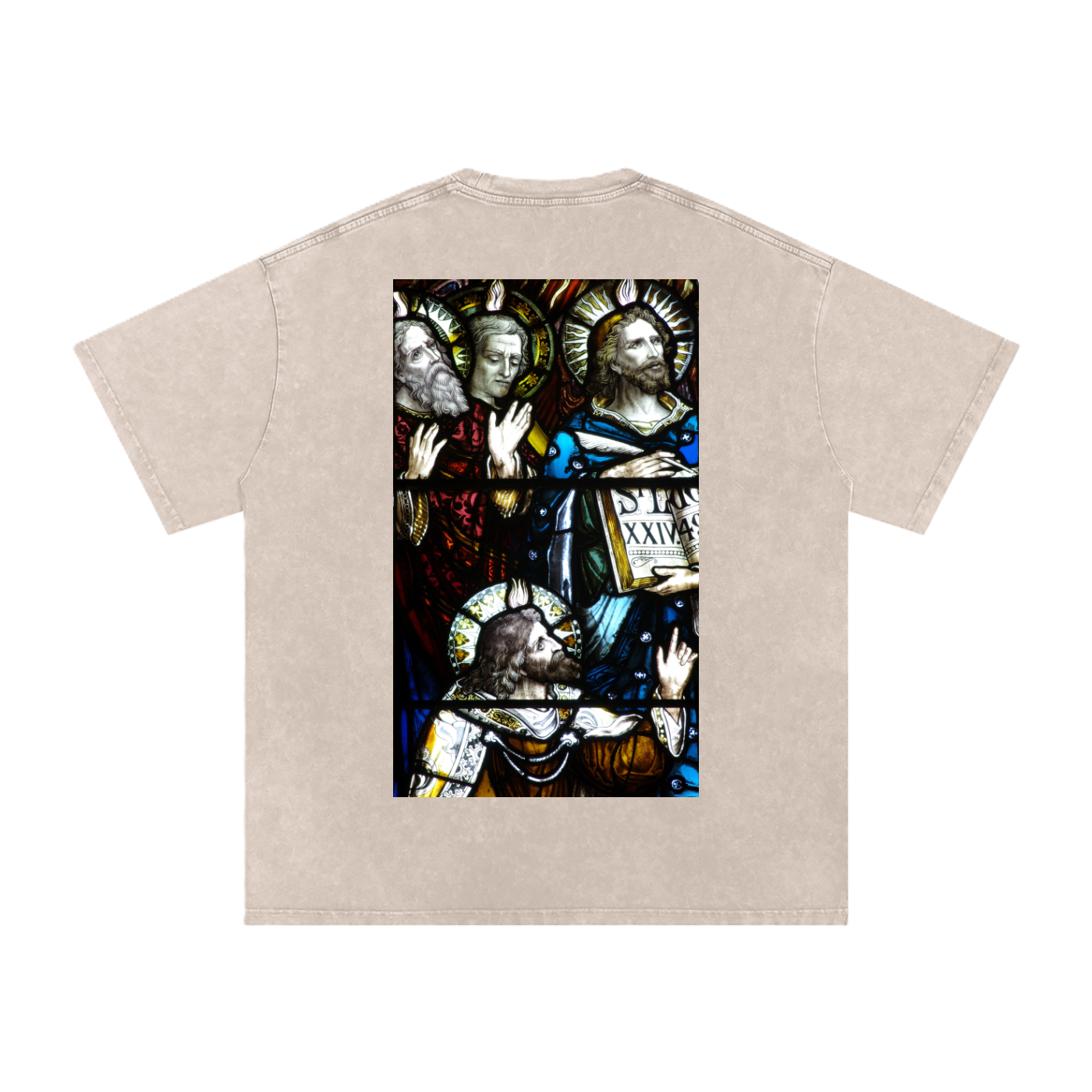 Beige oversize t-shirt with representation of the Apostles on the back