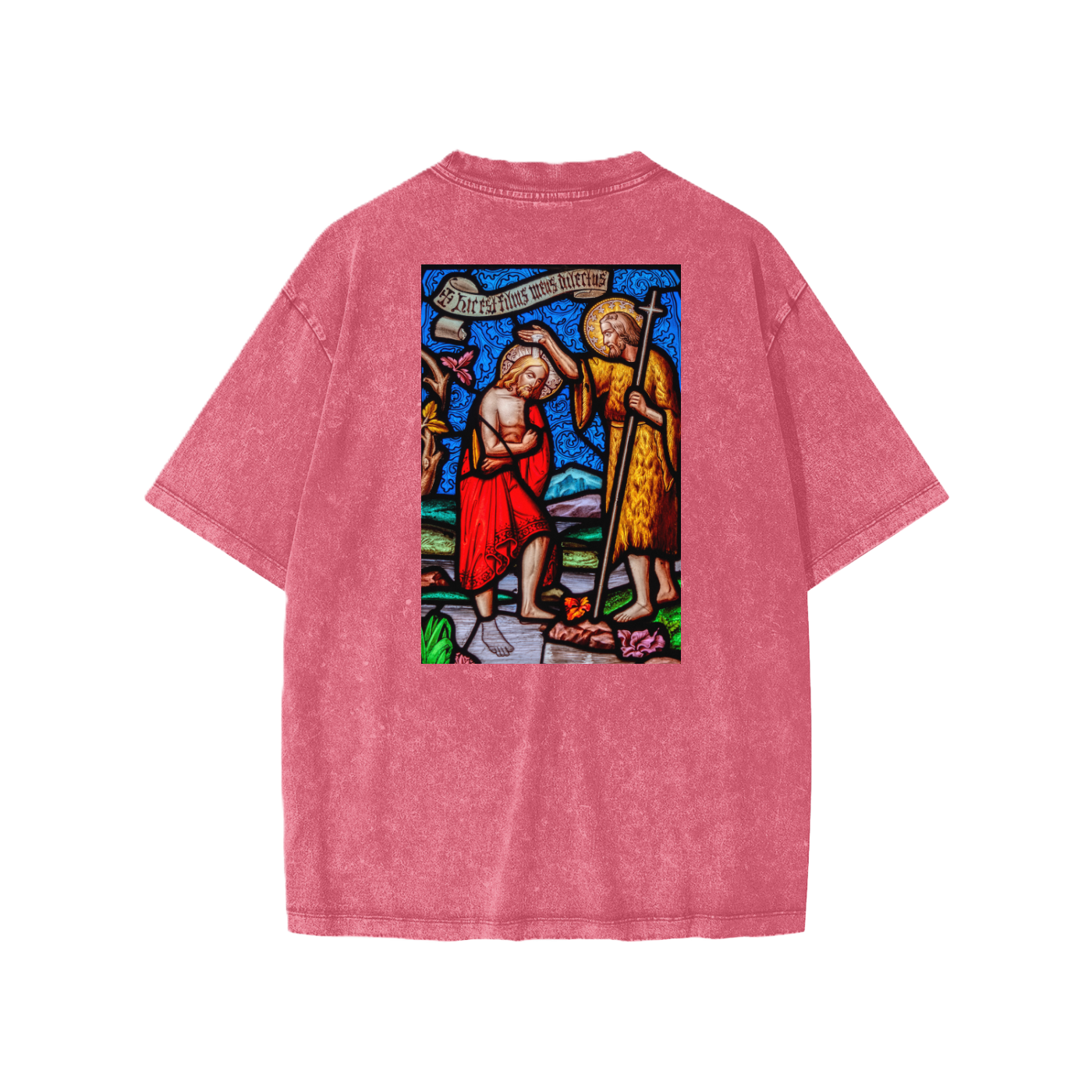 Rose oversize kids t-shirt with representation of the Baptism of Jesus on the back