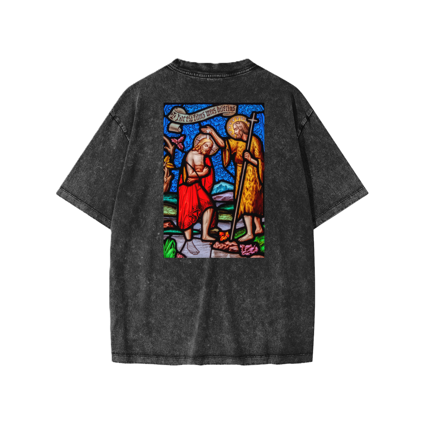 Black oversize kids t-shirt with representation of the Baptism of Jesus on the back
