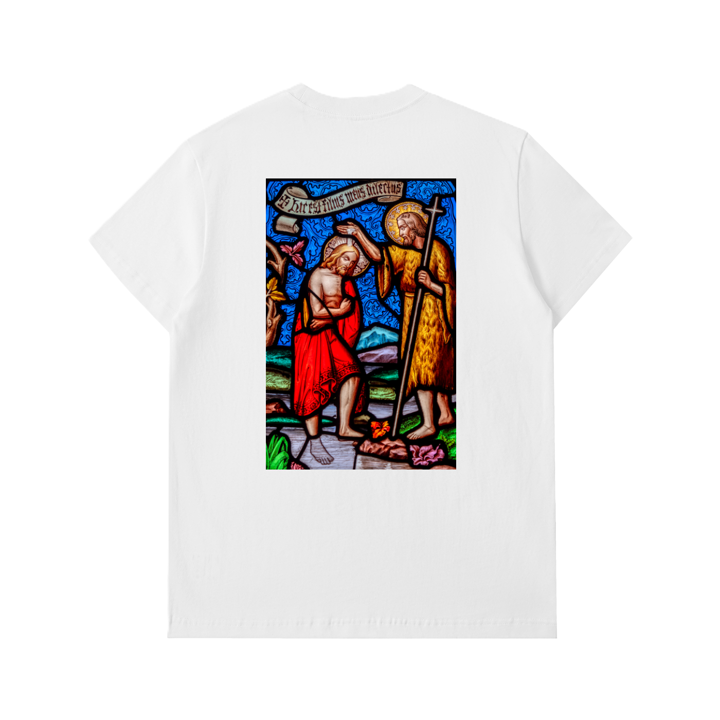 Back of a White thick tshirt representing the Baptism of Jesus on a glass window of a Church