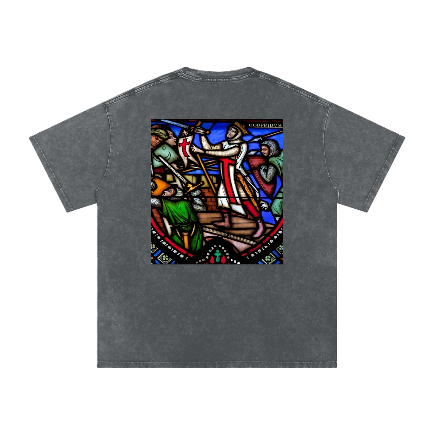 Black washed oversize t-shirt with artwork representing Crusaders printed on the back