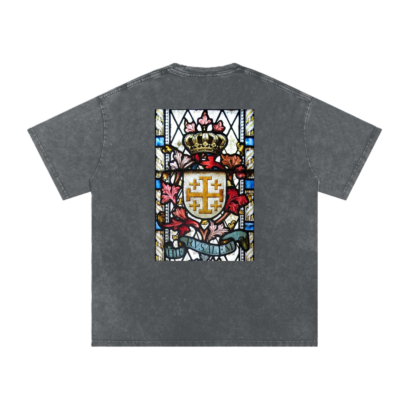 Back of a snow washed Black tee shirt with a  representation of the Jerusalem Cross from the King's House in Brussels