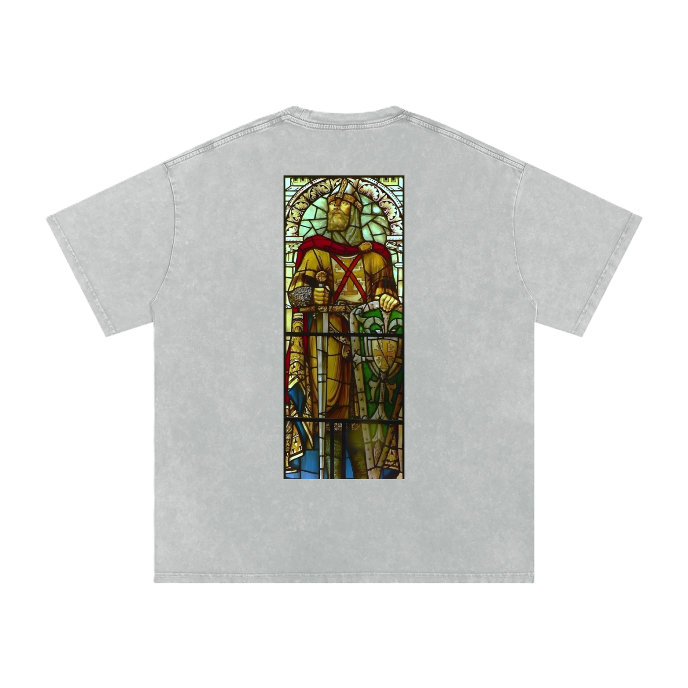 Oversized Grey t-shirt with stained glass artwork representing Godefroy de Bouillon printed on the back