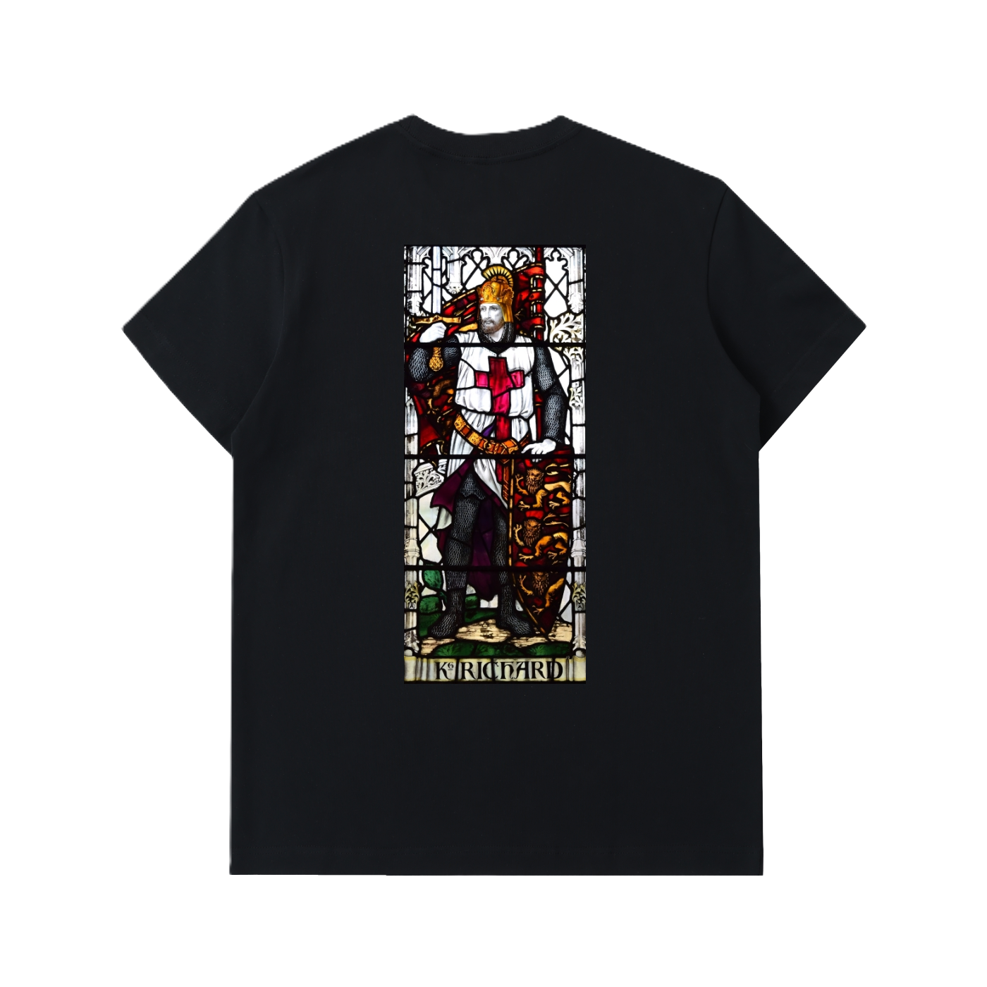 Heavy Black t-shirt with stained glass artwork representing Richard the Lionheart printed on the back