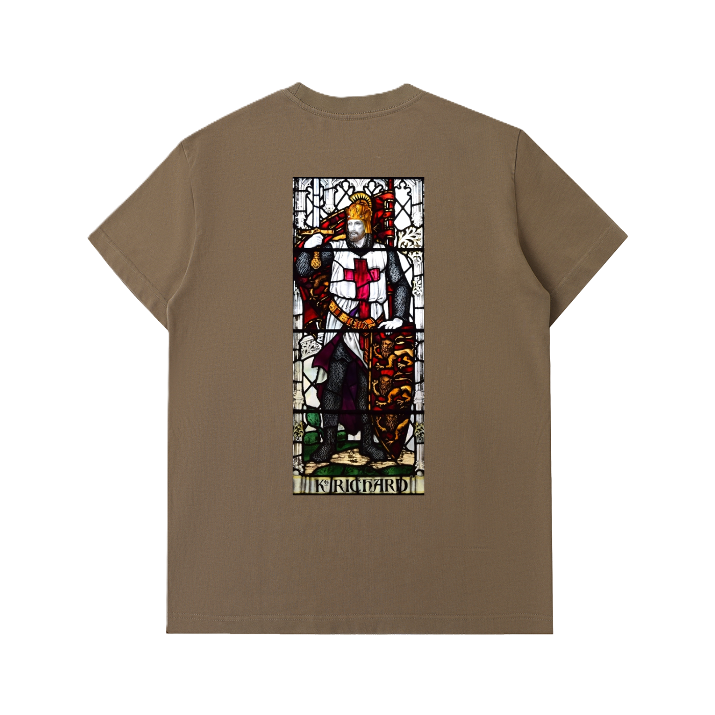 Heavy Coffee t-shirt featuring on the back a stained glass representation of King Richard the Lionheart 