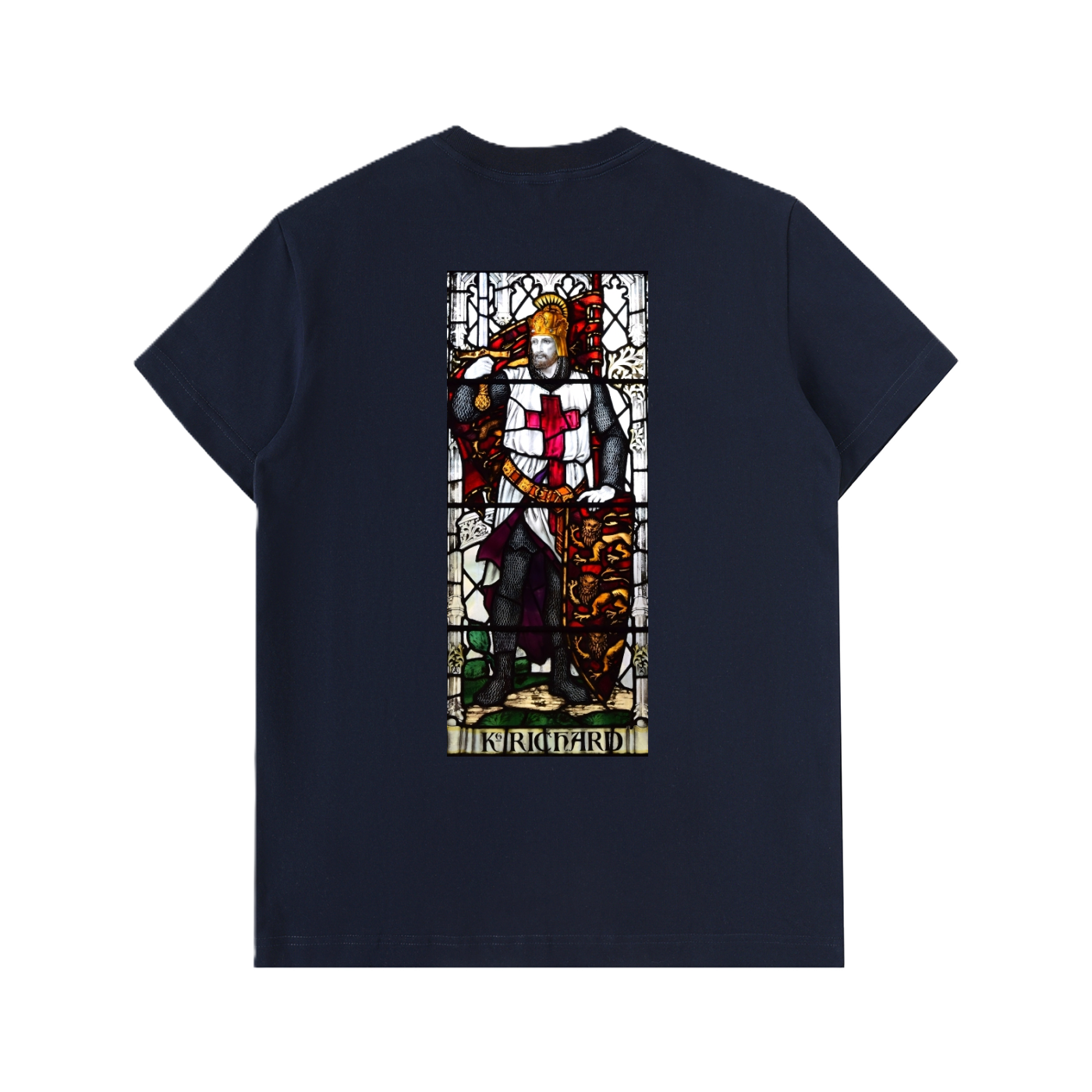 Heavy Navy t-shirt with stained glass artwork inspired by medieval depictions of Richard the Lionheart on the back