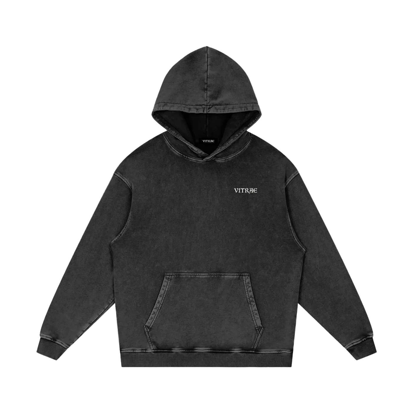 front of a plain Black snow washed hoodie, with the brand name displayed