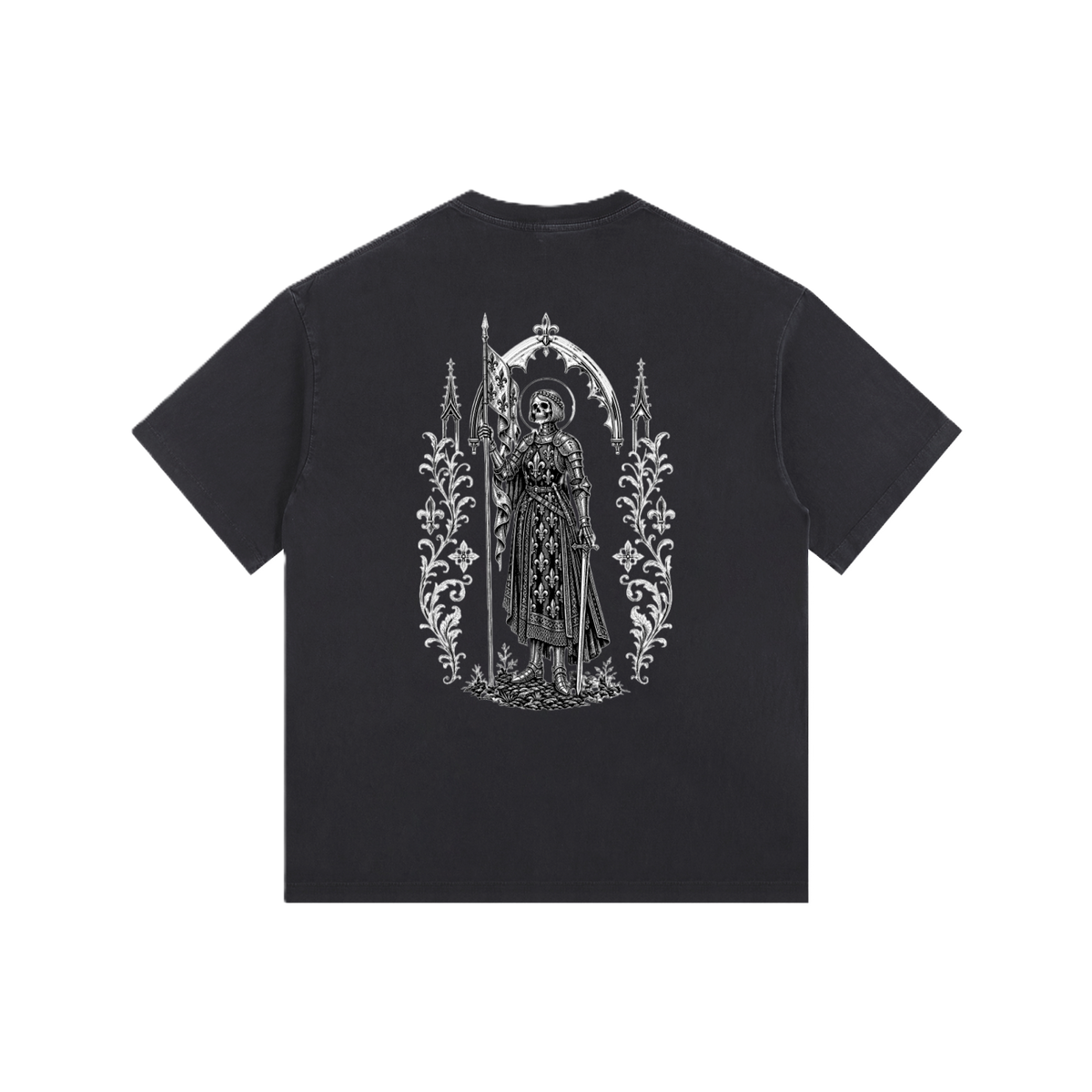 Back vintage Black plain t-shirt representing Jeanne d'Arc of Joan of Arc in a gothic style