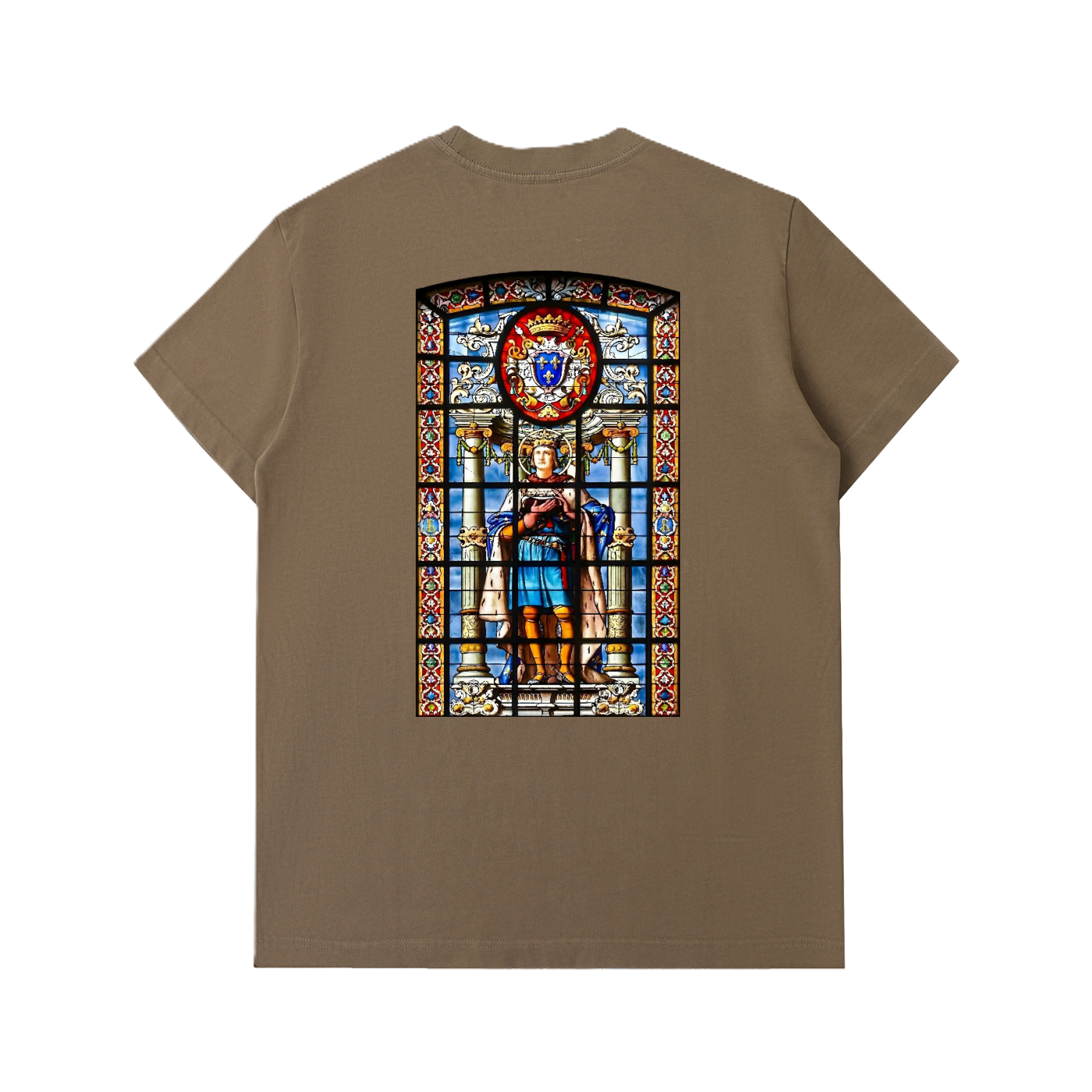 T-shirt épais Coffee avec illustration de vitraux médiévaux de la Cathédrale de la Rochelle représentant Saint Louis Roi de France