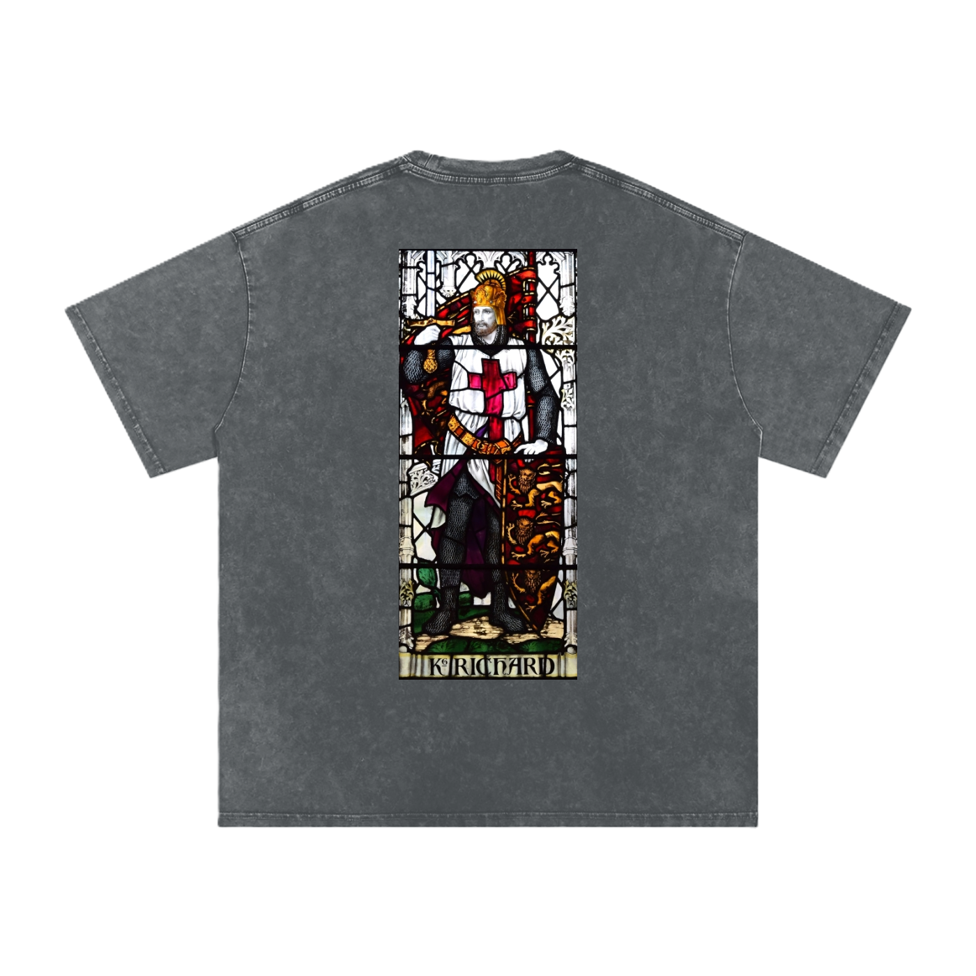 Oversized Black t-shirt featuring a stained glass illustration representing Richard the Lionheart on the back