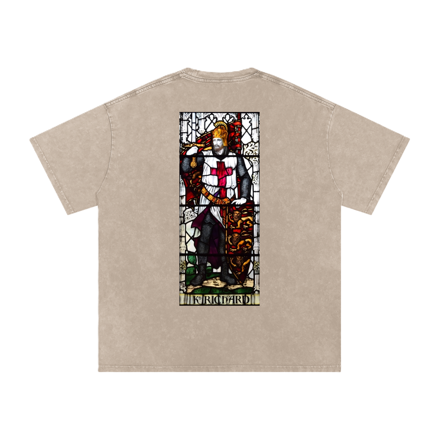 Oversized Beige t-shirt with stained glass artwork representing Richard the Lionheart printed on the back