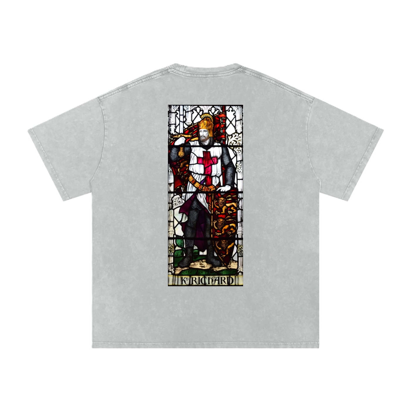 Oversized Grey t-shirt with stained glass artwork inspired by medieval depictions of Richard the Lionheart on the back