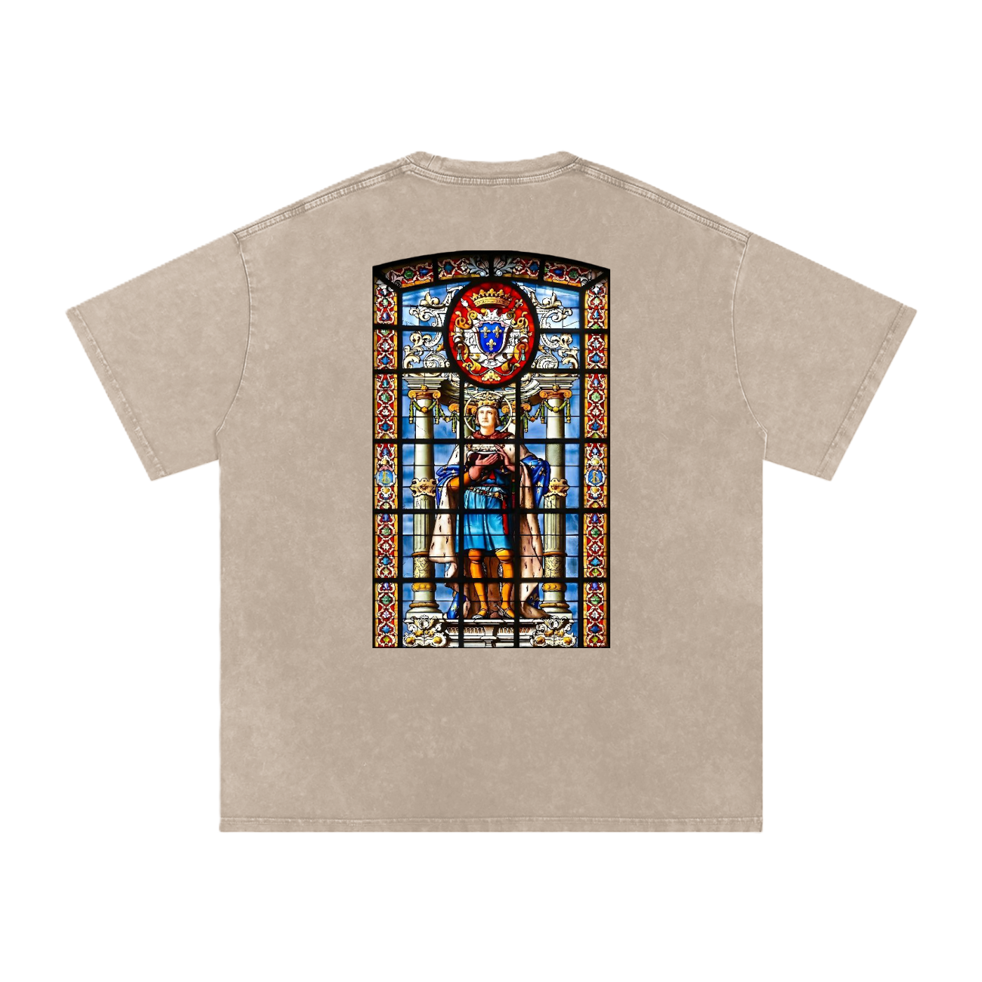 Beige oversize washed t shirt representing French king Saint Louis from France from the La Rochelle Cathedral