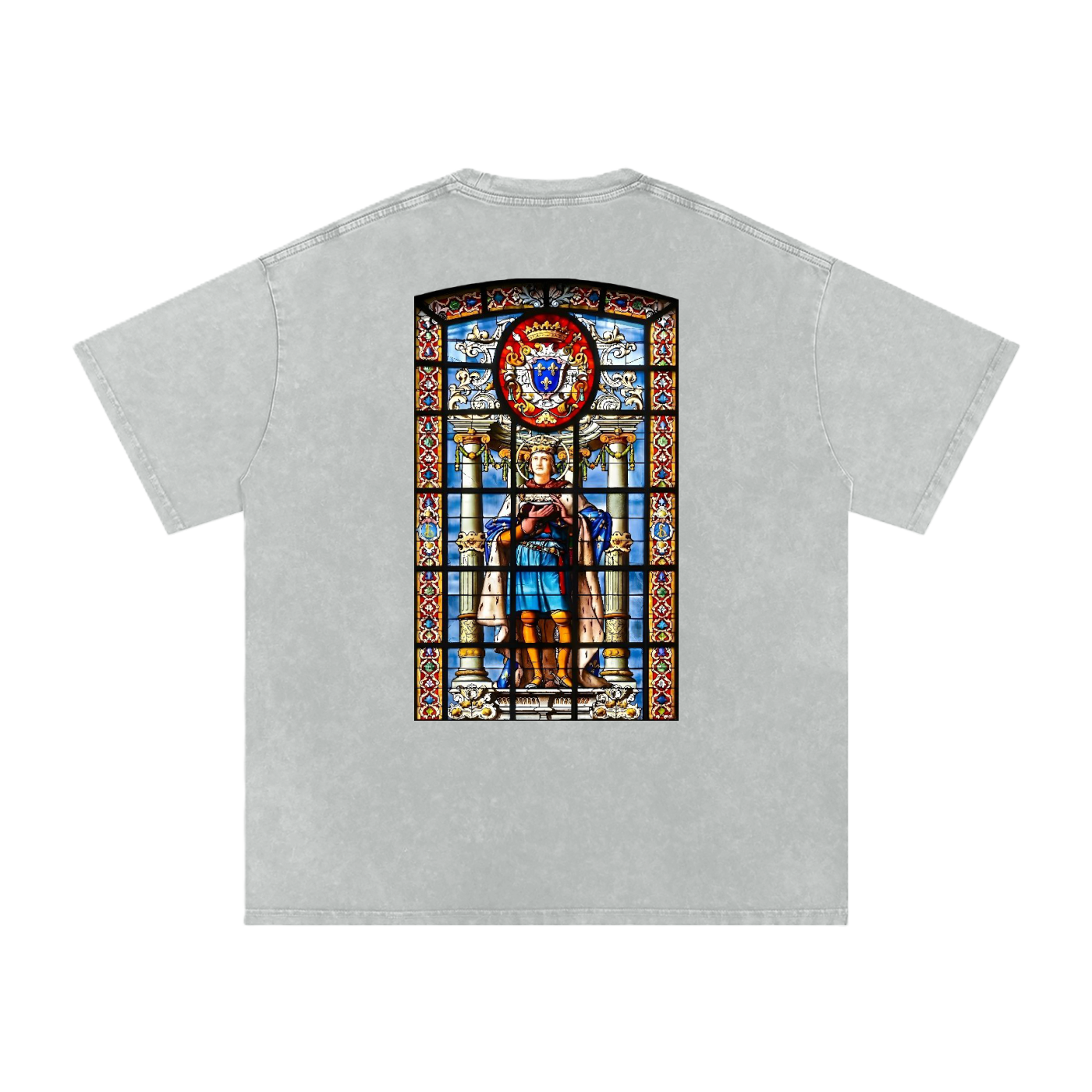 Grey oversize washed t shirt with a design representing the king Saint Louis from France from a Cathedral window glass