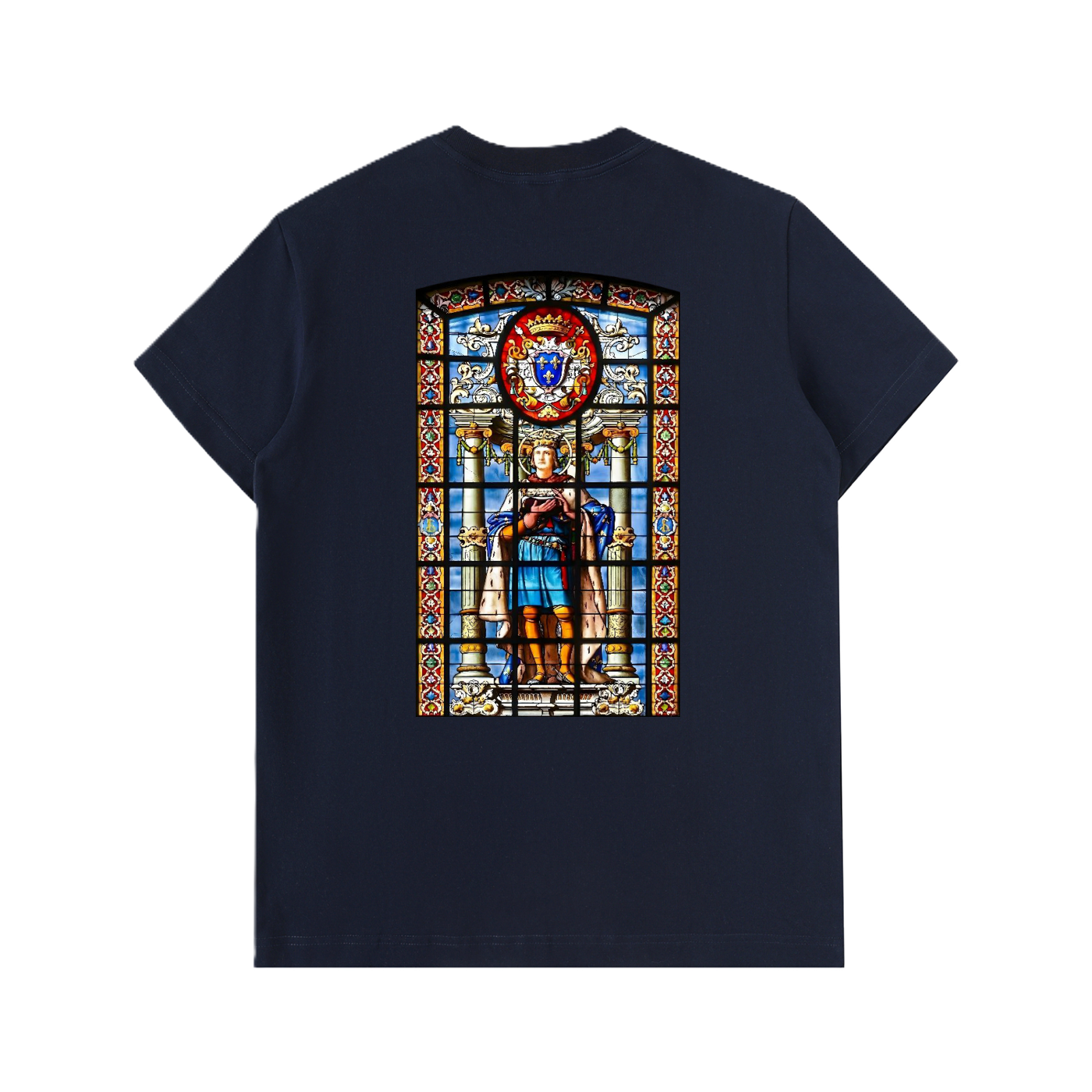 T-shirt épais Navy avec illustration en vitrail inspirée des représentations médiévales de Saint Louis Roi des Français
