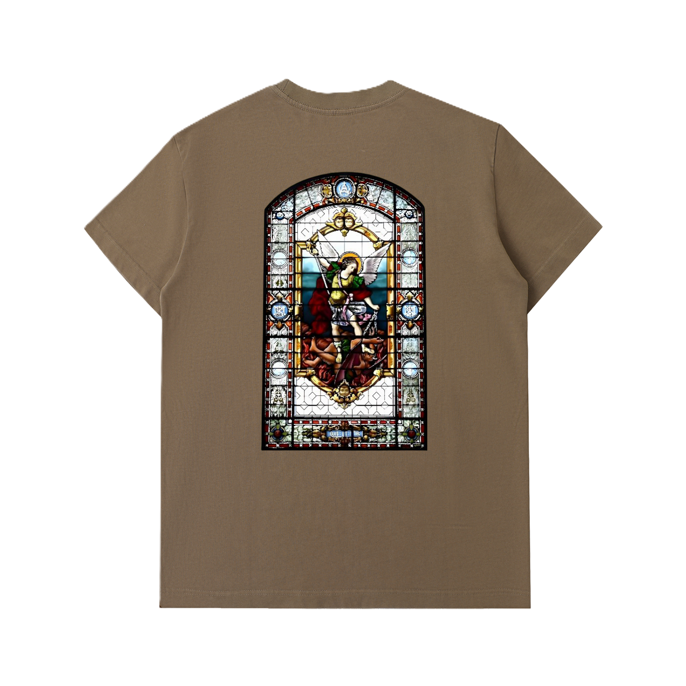 Coffee t shirt made with thick fabric representing the Archangel St Michel from Stained Glass