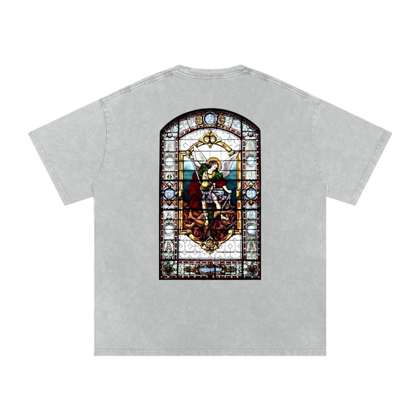 back of a Grey oversize and snow washed t shirt with a representation of cathedral window glass of St Michel Archangel defeating the devil