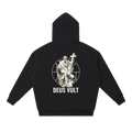 Back of a Black hoodie representing a status of Philip the Apostle in Rome and the mention "DEUX VULT"