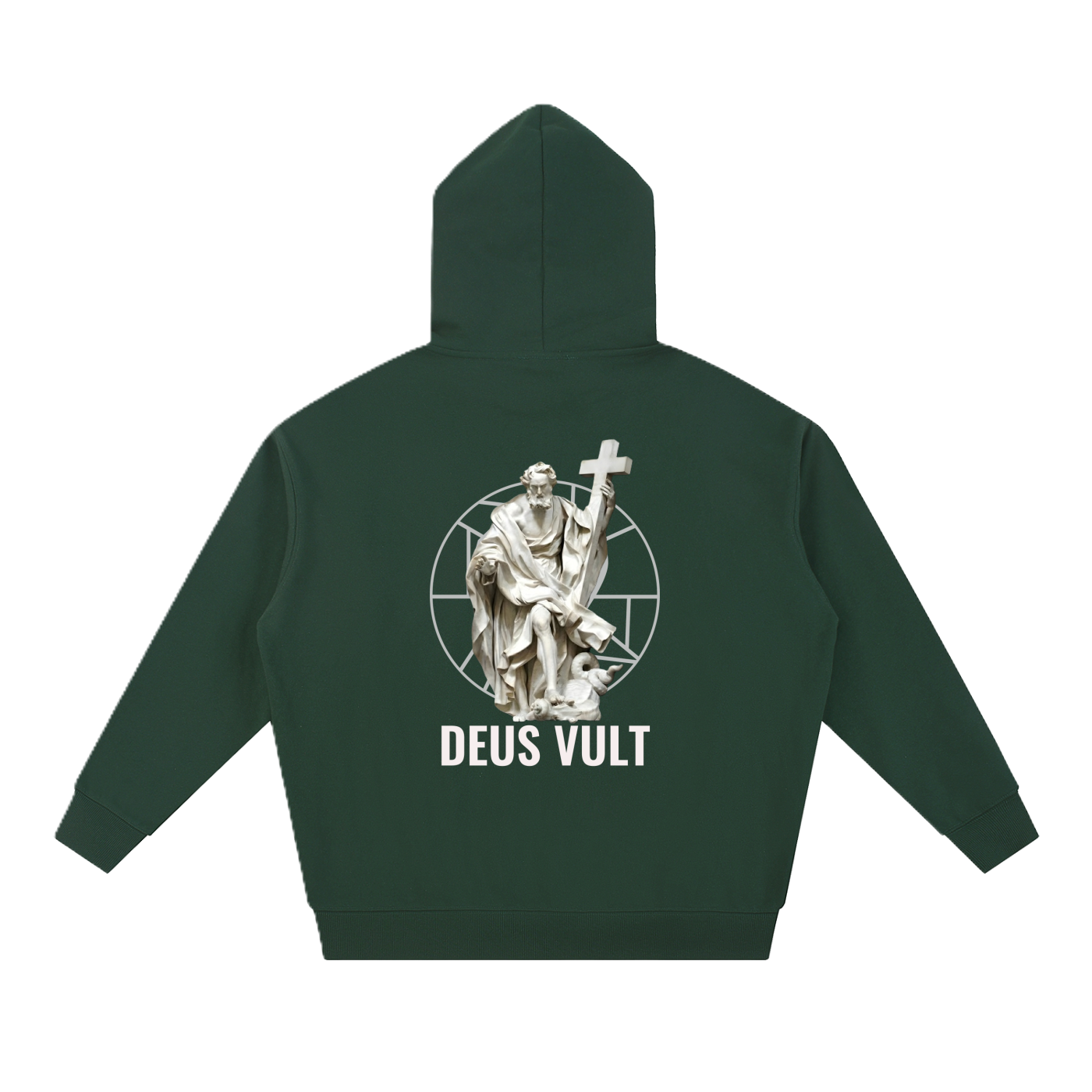 Back of a Green hoodie representing a status of Philip the Apostle in Rome and the mention "DEUX VULT"