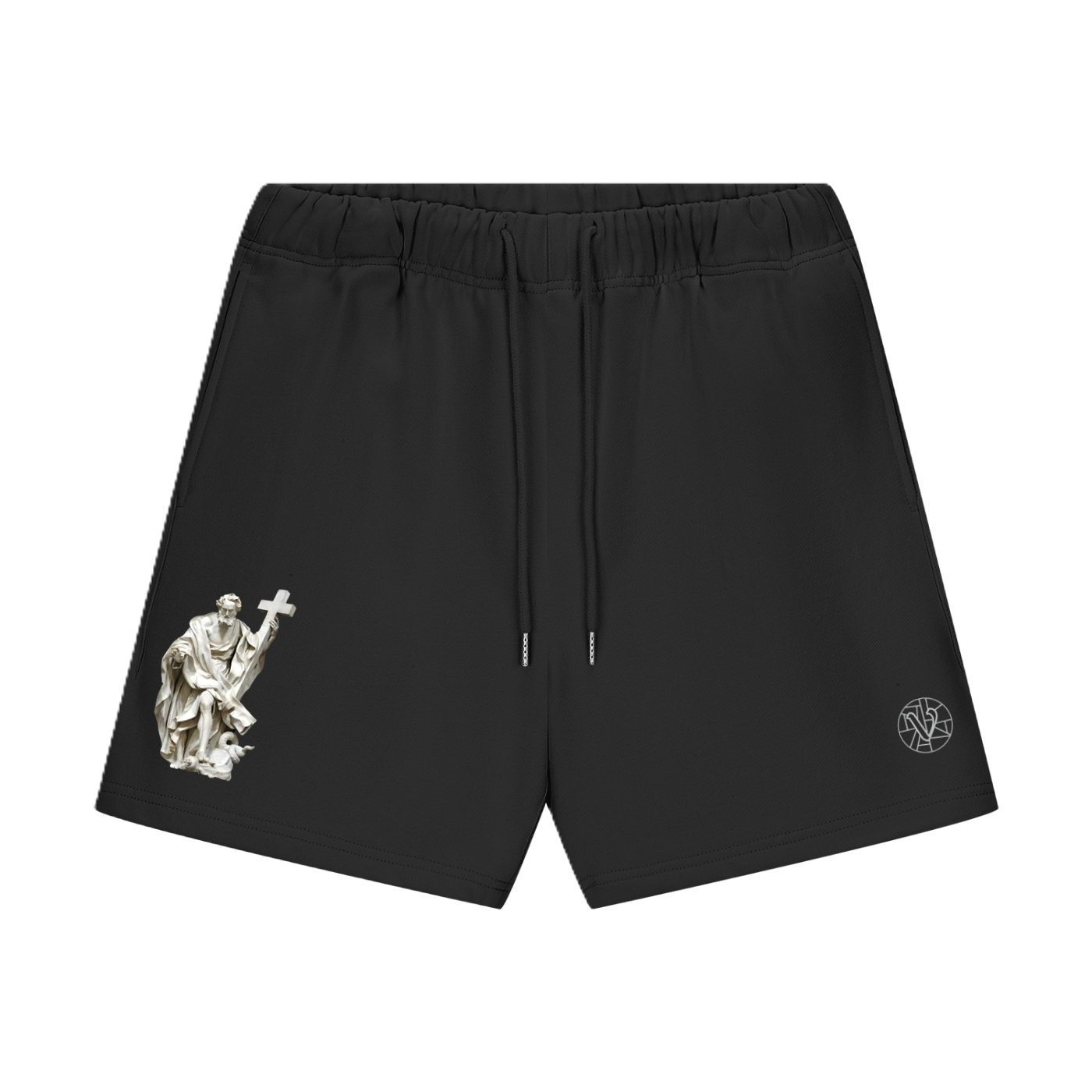 Black thick shorts with representation of Saint Philippe on the front