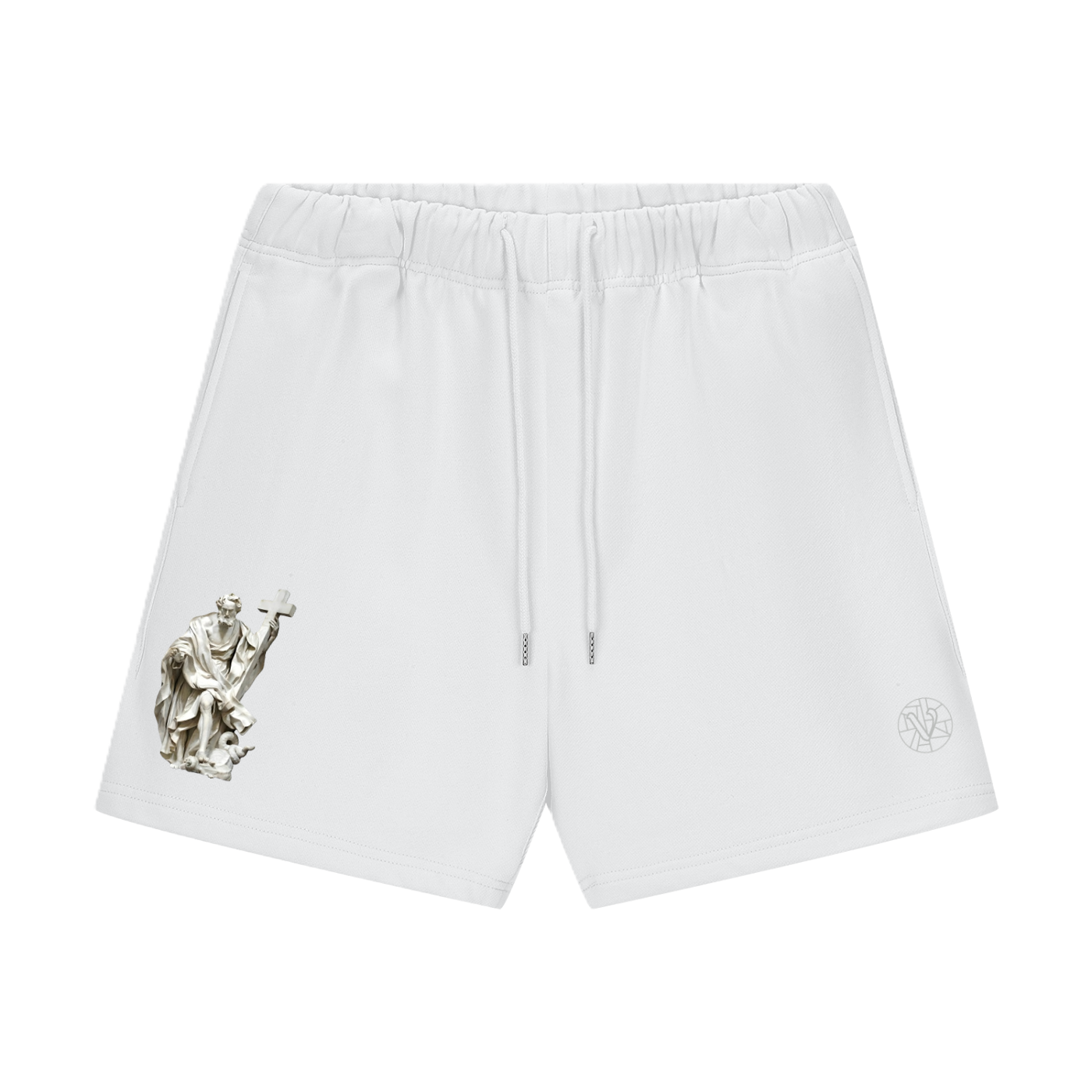 White thick shorts with representation of Saint Philippe on the front
