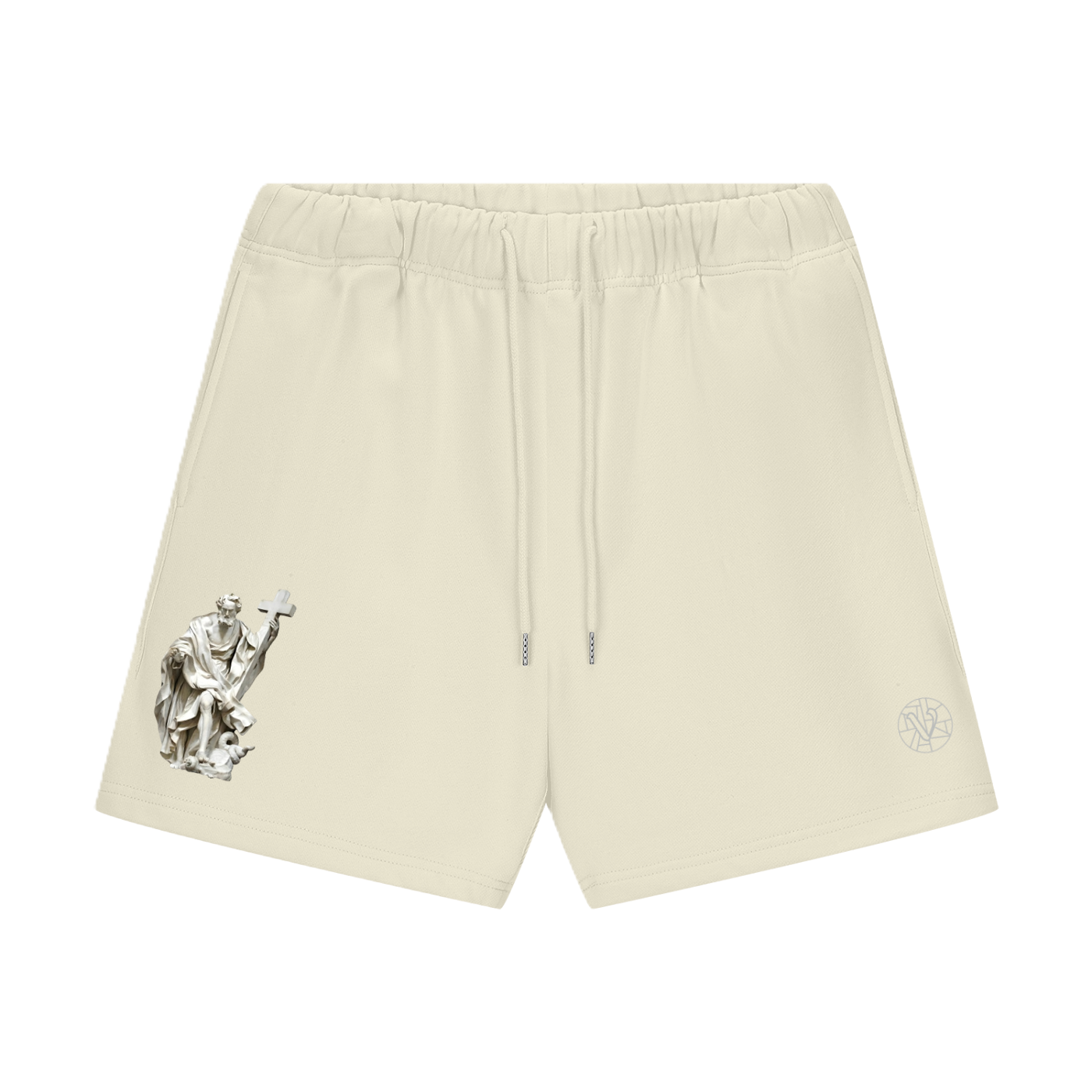 Beige thick shorts with representation of Saint Philippe on the front