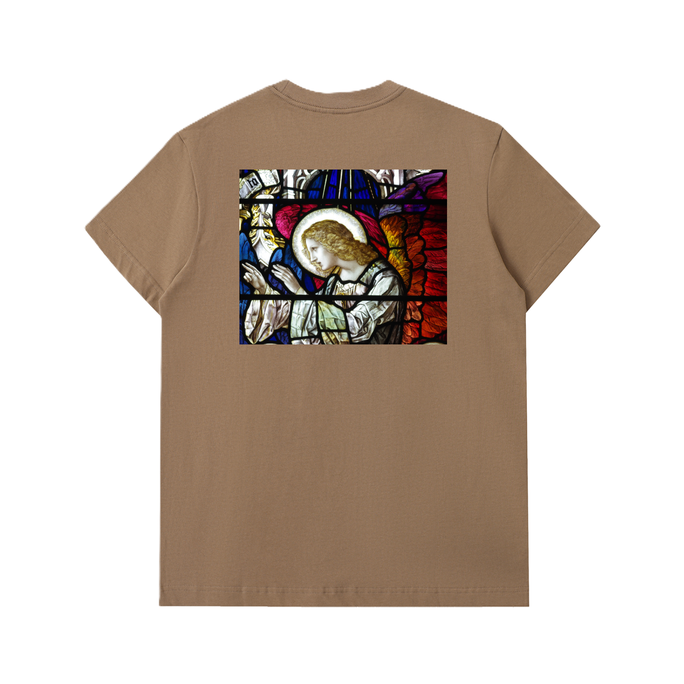 Back of a Coffee thick t-shirt representing a prayer on a glass window of a Church
