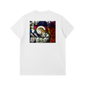 Back of a White thick tshirt representing a prayer on a glass window of a Church