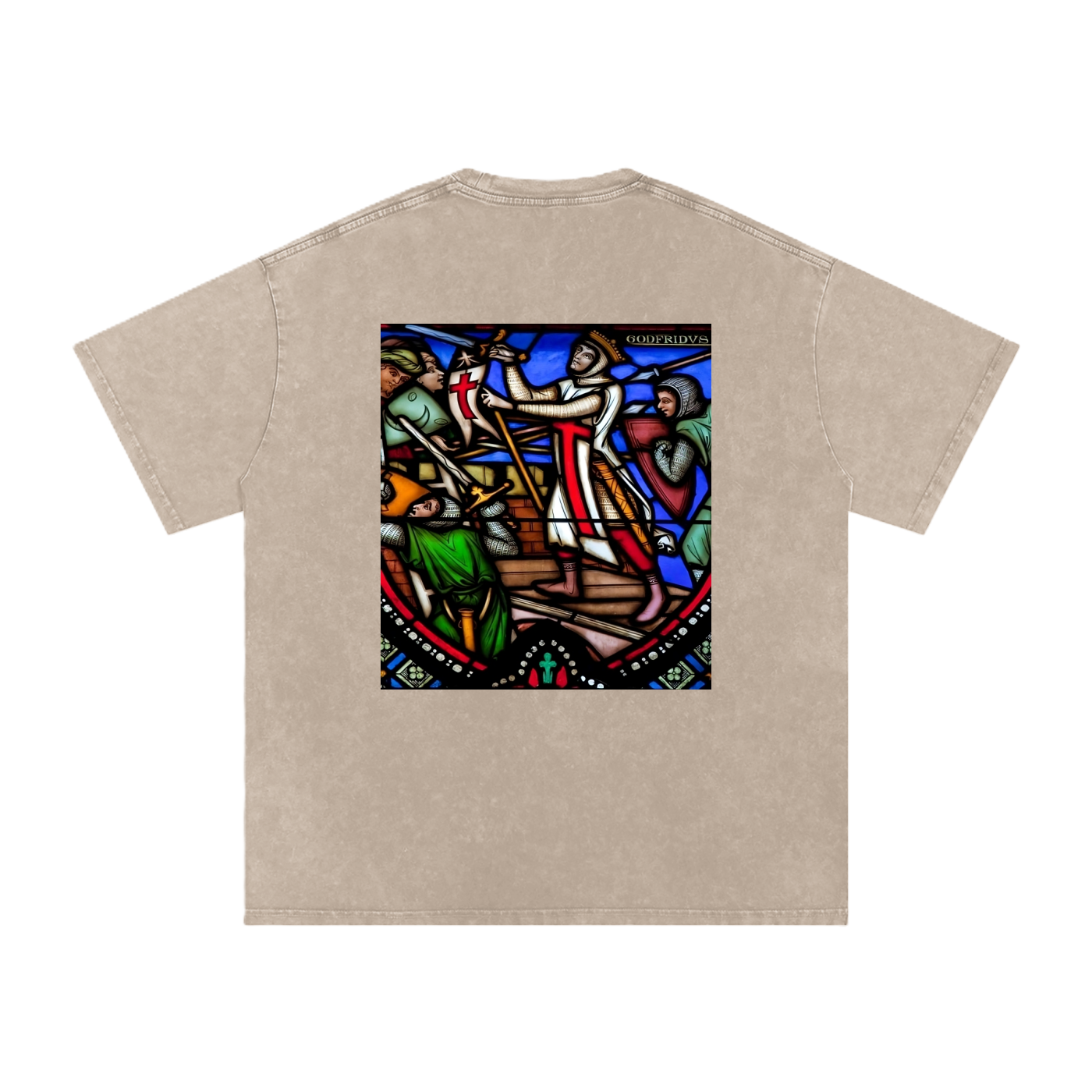Beige washed style oversize t-shirt with Crusader artwork from a cathedral printed on the back