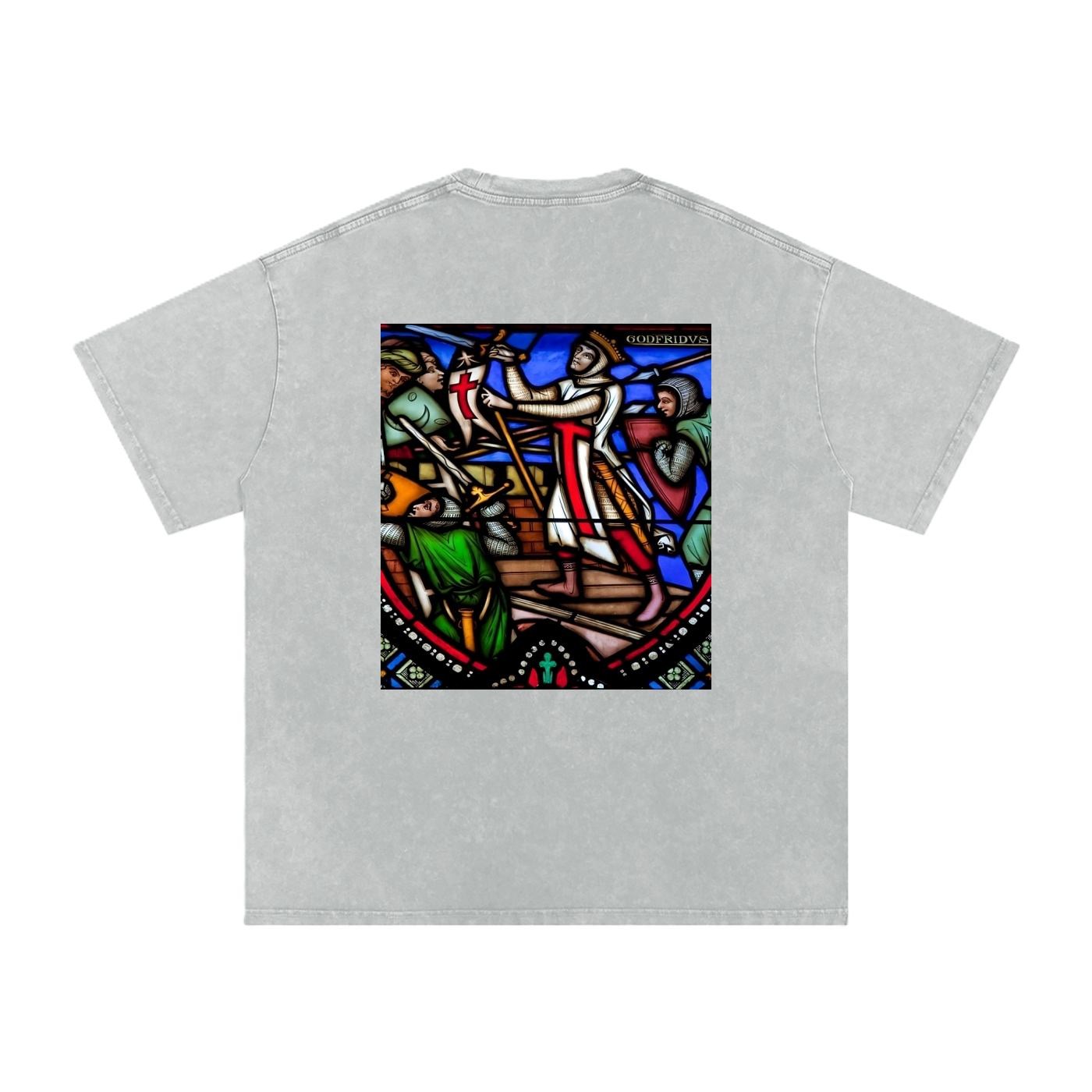 Grey washed oversize t-shirt with stained glass artwork representing a Crusader printed on the back